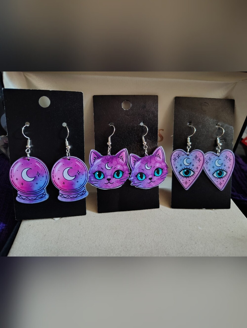 🔮 New Set 3 Acrylic Celestial Mystic Cat & Crystal Ball Dangle Earrings 🔮